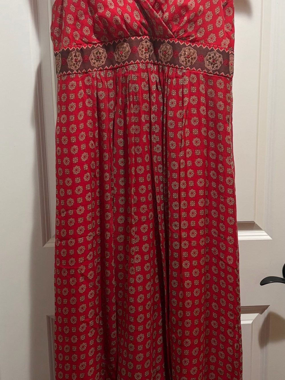 Red silk maxi dress with sari inspired motif